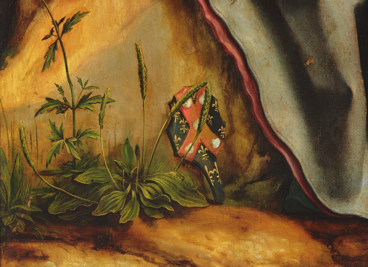 Návštěva svatého Antonína u svatého Pavla poustevníka. Detail erbu Guida Gersiho z oltářního obrazu v Isenheimu, c.1512-16 olej na panelu od Matthias Grünewald