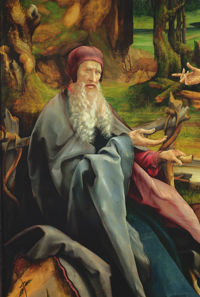 Návštěva svatého Antonína u svatého Pavla poustevníka, detail z Isenheimského oltáře, kolem 1512-16 (olej na dřevě) od Matthias Grünewald