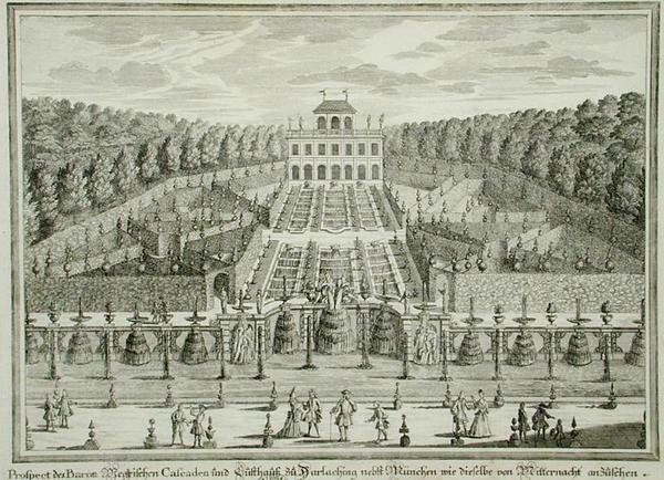 Pohled na knížecí sídlo poblíž Mnichova, z „Erlustierende Augenweide in Vorsetellung Herrliche Garten“, ryl Karl Remshard (1678-1735), vydáno kolem roku 1725 (rytina) od Matthias (after) Diesel