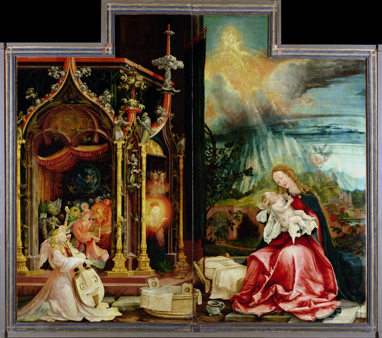 Narození a koncert andělů z Isenheimského oltáře, střední panel (olej na panelu) od Matthias (c.1480 1528) Grunewald