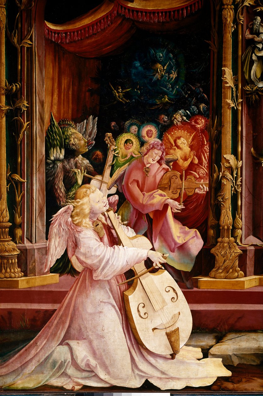Oltářní obraz Issenheim (nebo Isenheim): “” La Nativite”” Detail koncertu hudebníků Angels. Anděl uprostřed hraje na gamba violu. Panely Mathis Neithardt Gothardt dit Matthias Grunewald (1480-1528) (ec.all.) 1512-1516 Dim. 265x304 cm Col od Matthias (c.1480 1528) Grunewald