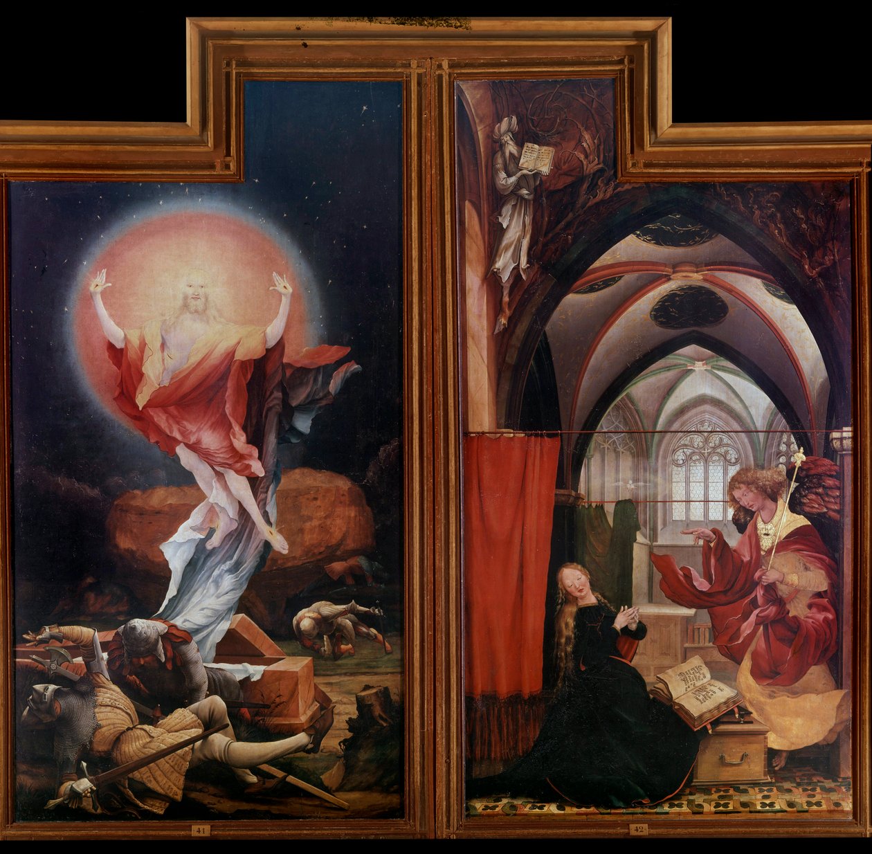 Oltářní obraz z Issenheimu (nebo Isenheimu): “” Vzkříšení”” “” Zvěstování”” Panely od Mathise Neithardta Gothardta dit Matthias Grunewald (1480-1528) (ec.all.) 1512-1516 Colmar, Musee Unterlinden od Matthias (c.1480-1528) Grunewald
