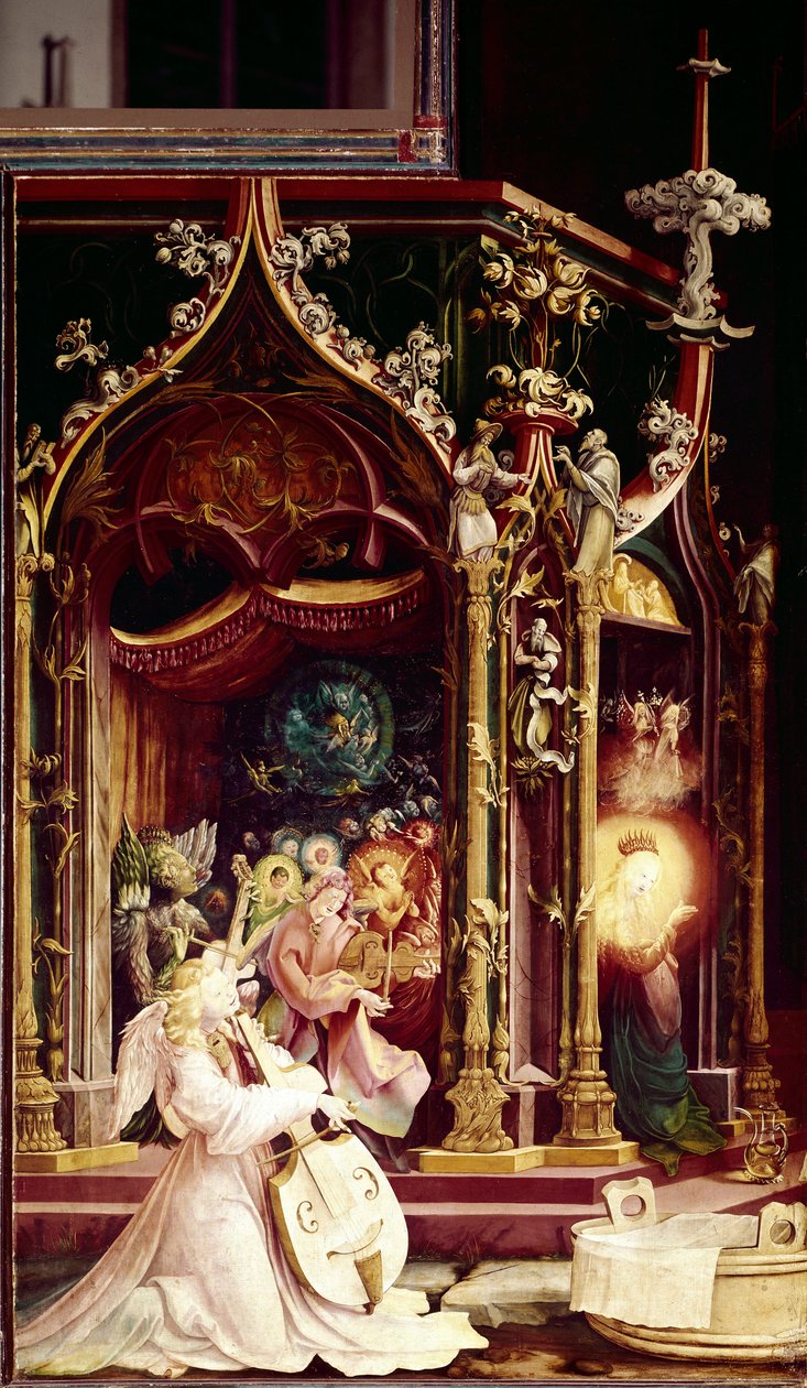 Koncert andělů hudebníka, v Narození Páně, detail. Oltářní obraz z Issenheimu (olej na desce od Matthias (c.1480 1528) Grunewald