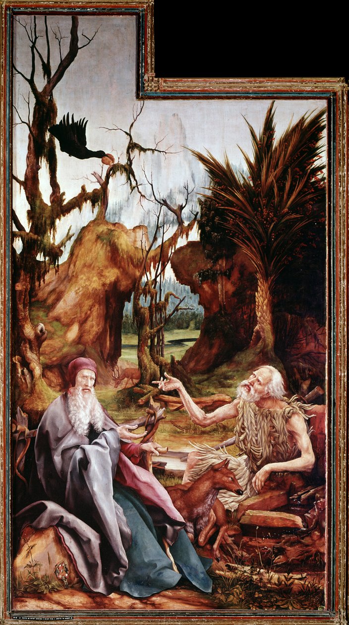 Svatý Antonín Veliký a svatý Pavel v poušti, oltářní obraz z Issenheimu (olej na desce od Matthias (c.1480 1528) Grunewald
