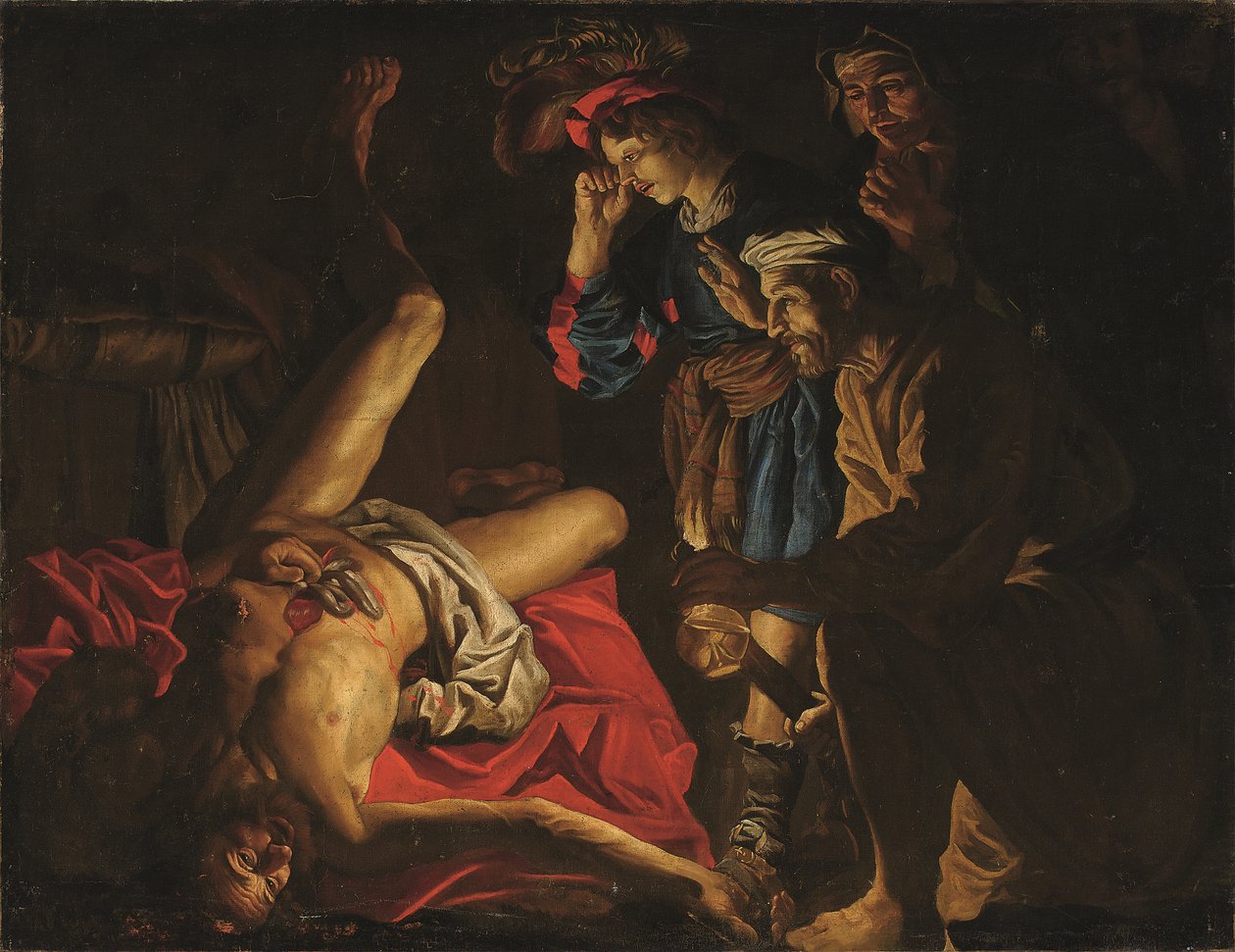 Catova smrt (olej na plátně) od Matthias (c.1600 p.1650) (studio of) Stomer