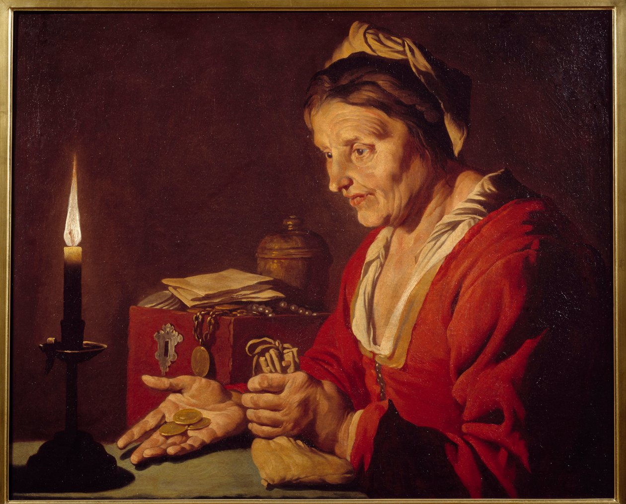Lakomost - Stará žena se ve světle svíčky dívá na své zlaté mince, které právě vylezla ze svého úkrytu - Obraz Mathiase Stomera (Matthias Stom) (1600-1650) Ec Flam od Matthias (c.1600 p.1650) Stomer