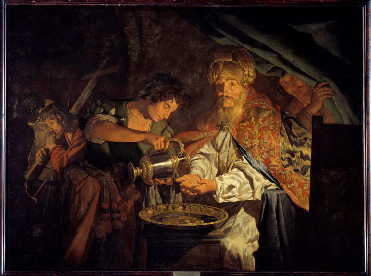 Pilát Pontský (Pontius Pilatius) myje si ruce Pilát Pontský (10 př. n. l. – 39 n. l.), prefekt Judeje, soudí, že je zbytečné odsoudit Ježíše Krista, myje si ruce, aby dal najevo svůj nesouhlas - Obraz Mathiase Stomera (Matthias Stom) (1600-1650 ) od Matthias (c.1600 p.1650) Stomer