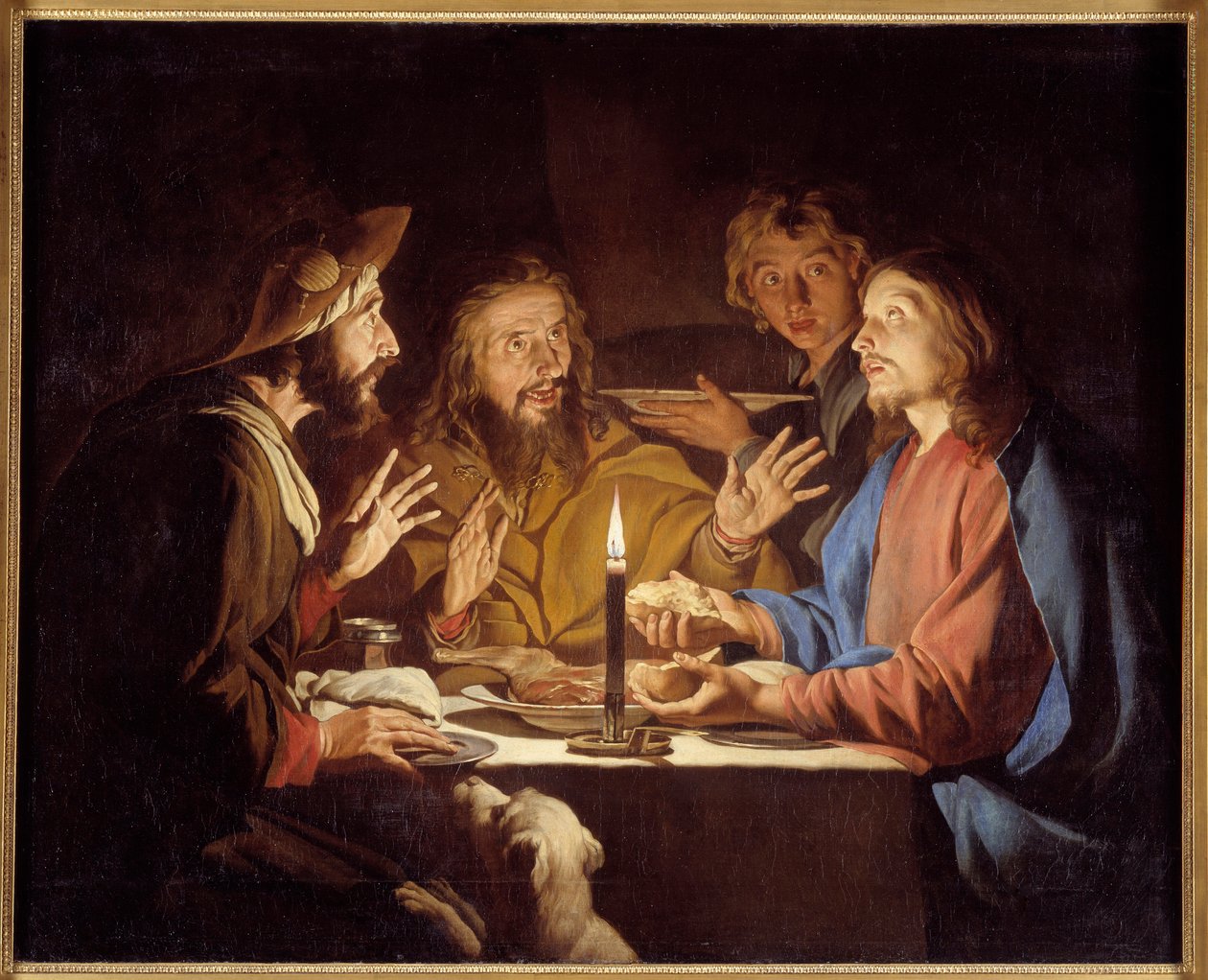 Emauzští učedníci Kristus se zjevuje pelerinům sedícím u stolu v hostinci v Emauzích - Obraz Mathiase Stomera (Matthias Stom) (1600-1650) 17. století Slunce 1,3x1,64 m Grenoble, Musee des Beaux Arts od Matthias (c.1600 p.1650) Stomer