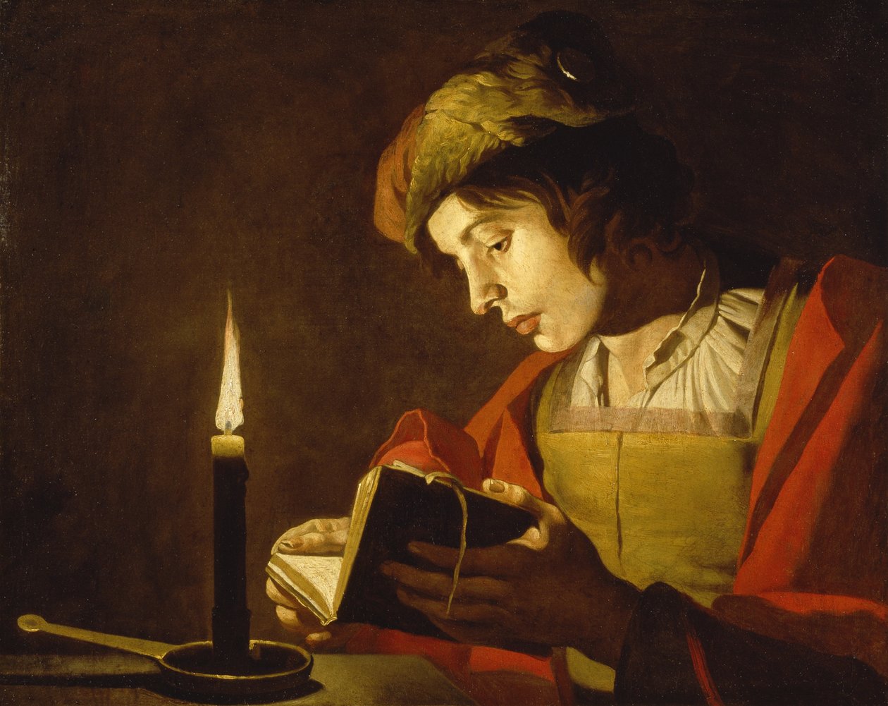 A Young Man Reading by Candlelight - A Young Man Reading by Candlelight, Matthias Stom (Stomer) (ca.1600-po 1650). Olej na plátně, kolem 1630. Rozměr: 58,5 x 73,5 cm. Národní muzeum Stockholm od Matthias (c.1600 p.1650) Stomer