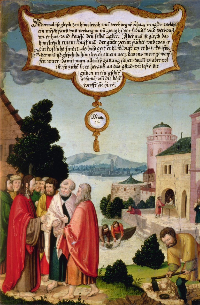 Království nebes je jako síť, která byla hozena do moře a sbírala ryby všeho druhu (Matouš 13) ilustrace Kristova učení, část křídlového panelu z oltáře Mompelgarter od Matthias Gerung or Gerou