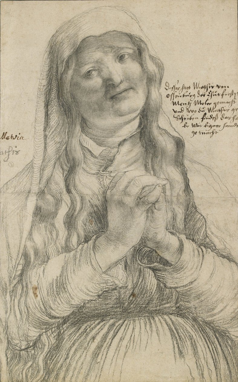 Starší žena se sepjatýma rukama, cca 1512 (černá křída na papíře) od Matthias Grünewald