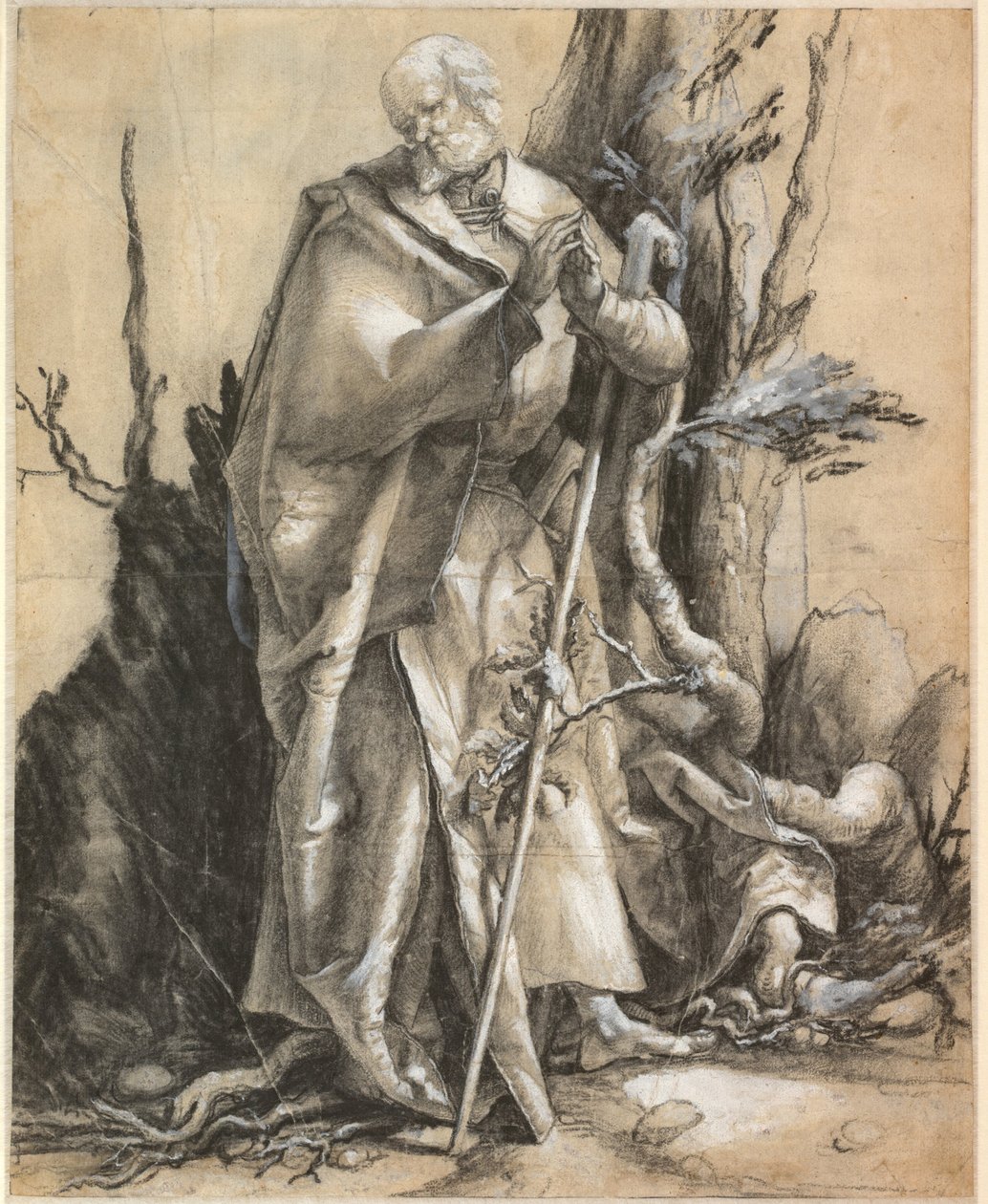 Vousatý světec s vycházkovou holí, c. 1516 od Matthias Grünewald