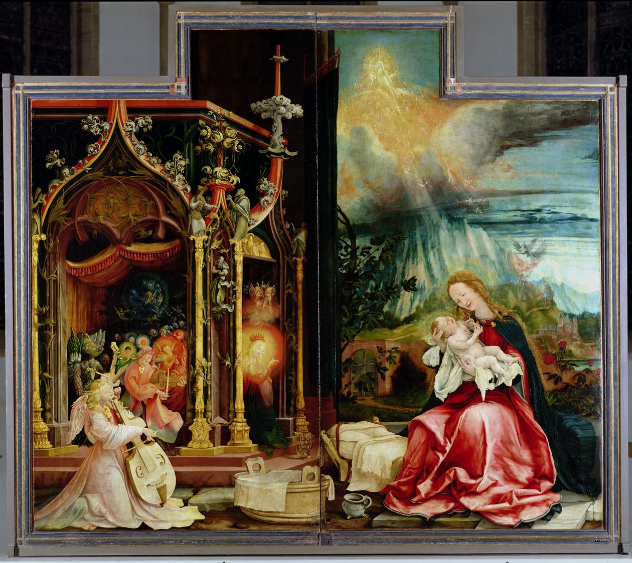 Isenheimský oltář. Centrální panel: Koncert andělů a narození, 1506-1515 od Matthias Grünewald