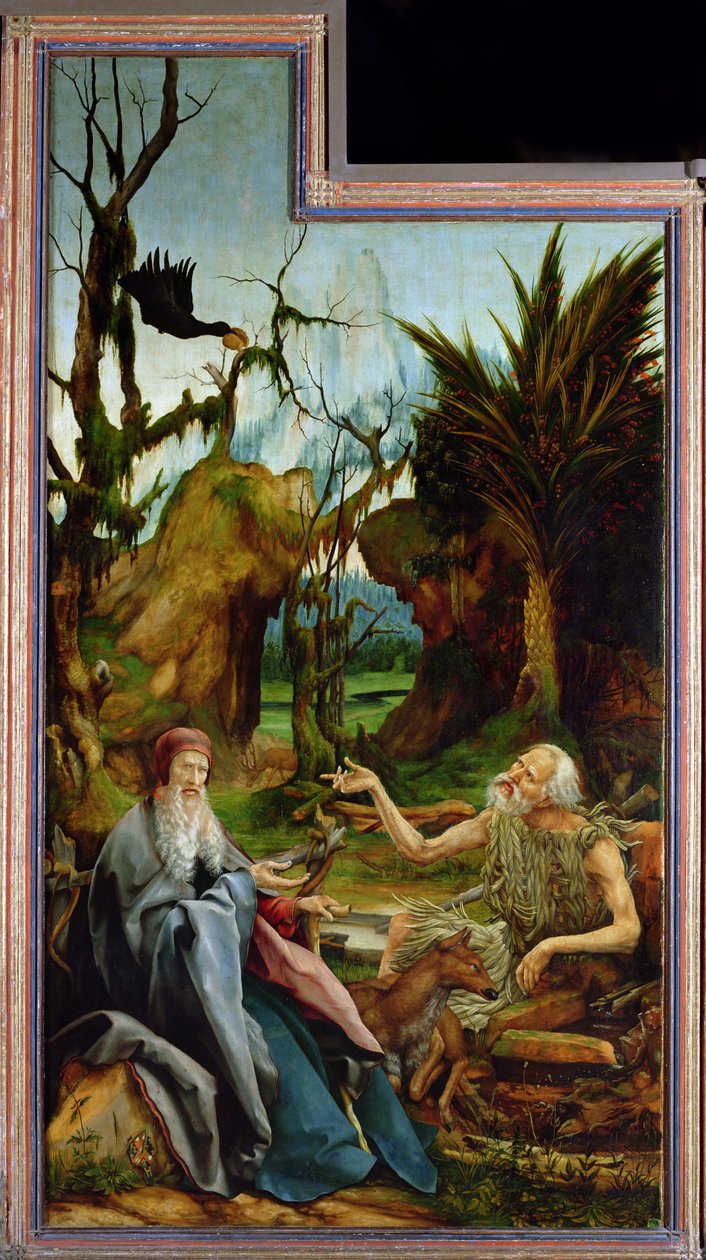 Isenheimský oltář. Levé křídlo: Setkání svatého Antonína a svatého Pavla Anchoritského v Des od Matthias Grünewald