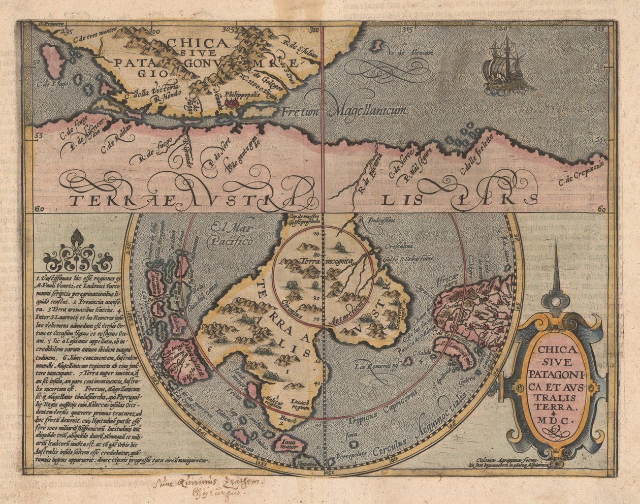 Chica sive Patagonica et Australis Terra z Geographisches Handtbuch, 1600 od Matthias Quad