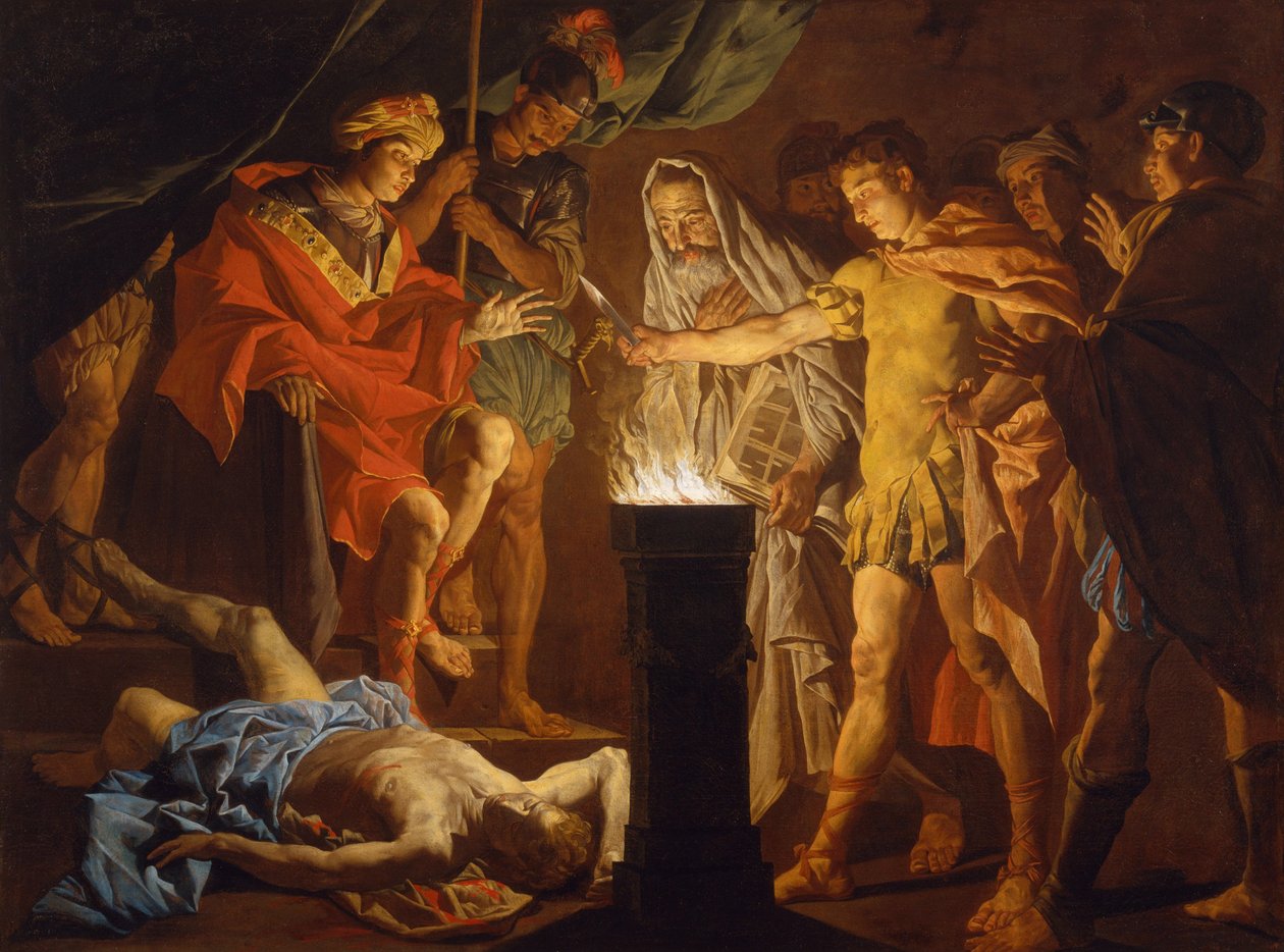 Mucius Scaevola za přítomnosti Larse Porsenny, 40. léta 17. století od Matthias Stomer