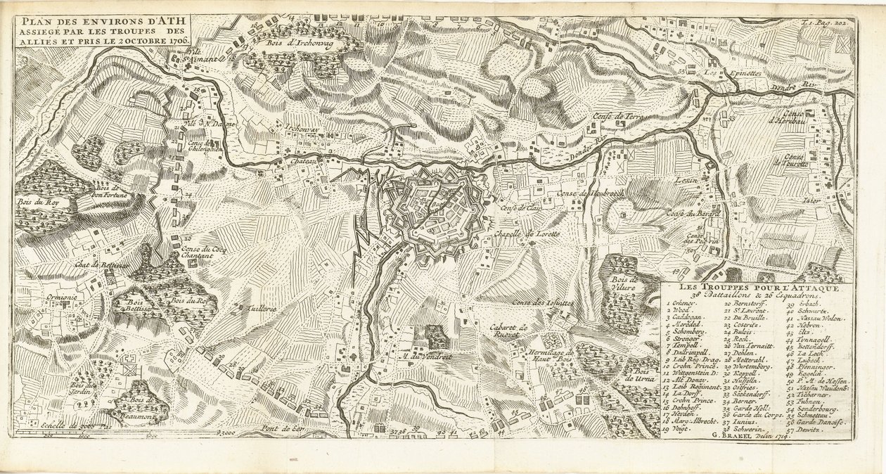 Beleg van Ath, 1706 Plán okolí Ath obleženého vojsky spojenců a pořízený 2. října 1706 (název na objektu) od Matthijs Pool (possibly)