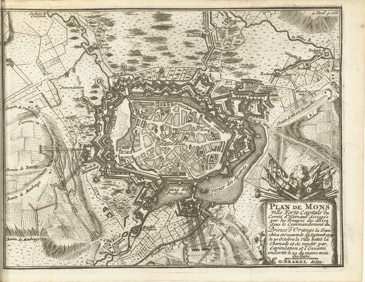 Beleg van Bergen, 1709 Mapa Mons Ville Forte (...) Obležená jednotkami Alliez. pod velením prince z Orange (...) (titul na předmětu) od Matthijs Pool (possibly)