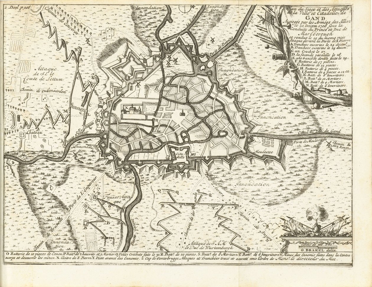 Beleg van Gent, 1708 Mapa obležení a útoků na město a citadelu v Gentu obležené armádami spojenců dne 22. prosince 1708 pod vedením prince a vévody z Marlborough (název na předmětu) od Matthijs Pool (possibly)