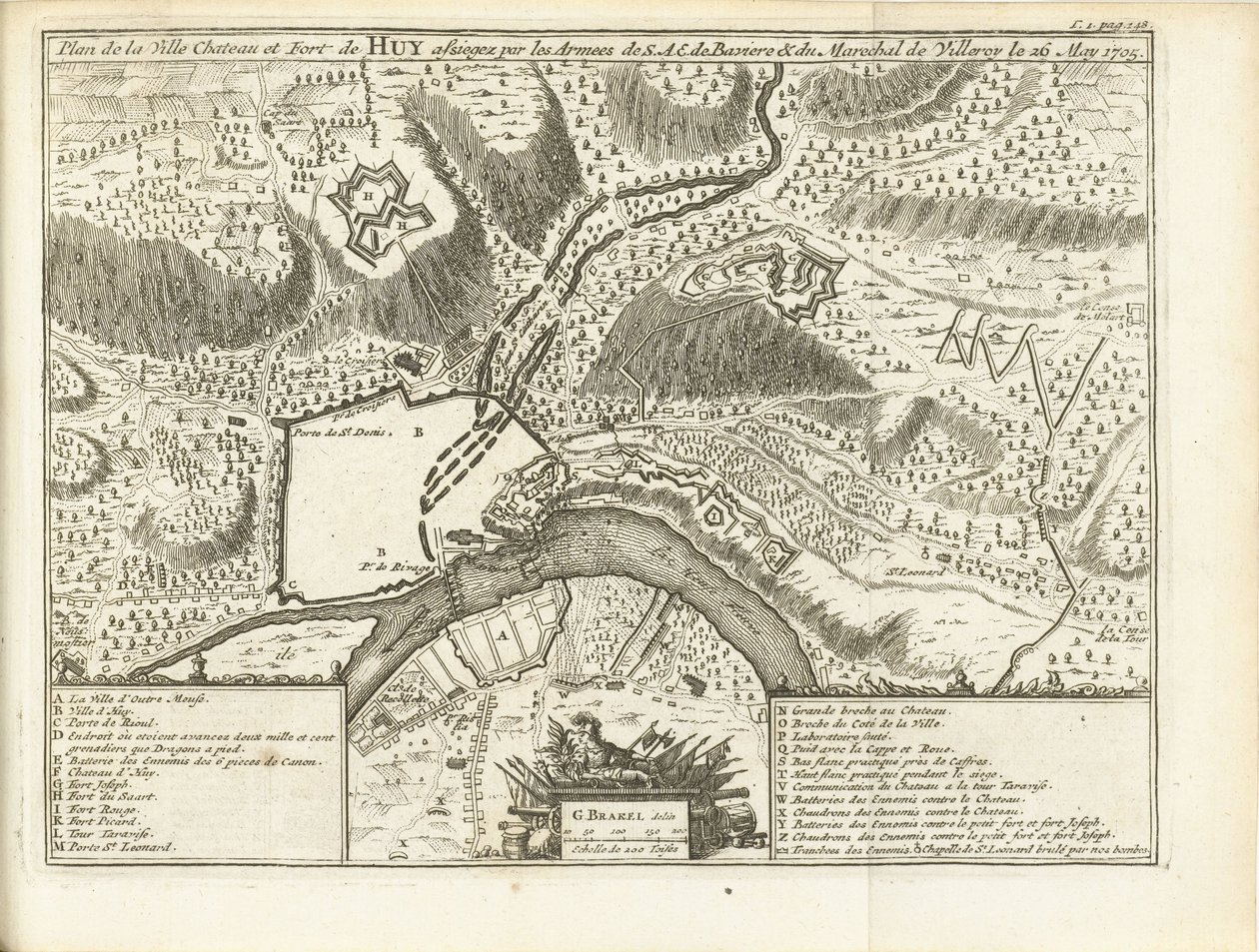 Beleg van Huy, 1705 Plán městského zámku a pevnosti Huy obležené armádami S.A.E. de Baviere & du Marechal de Villeroy le 26. května 1705 (název na objektu) od Matthijs Pool (possibly)