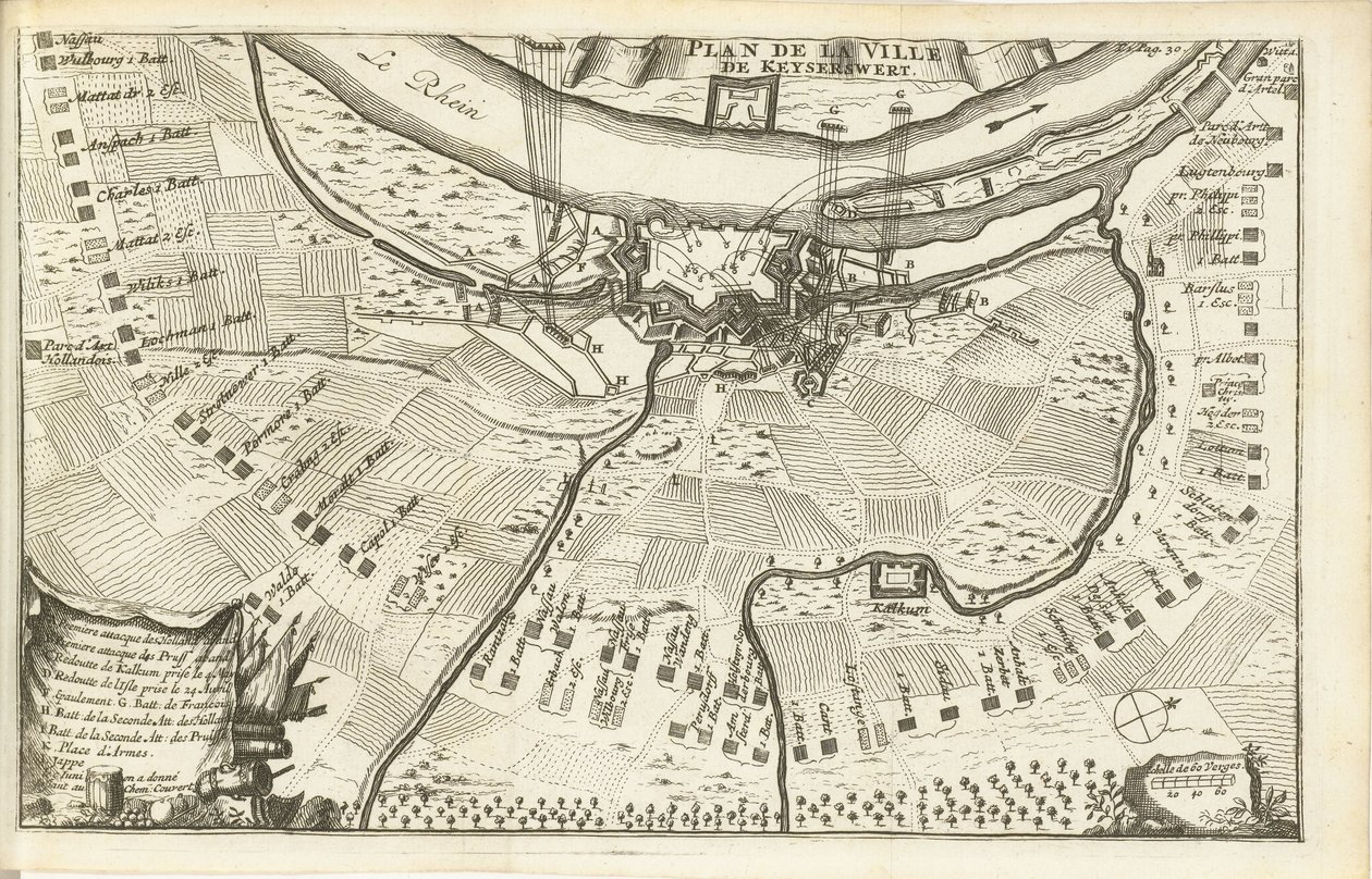 Obležení Keizersweerdu, 1702 Plan de la Ville de Keyserswert (název na objektu) od Matthijs Pool (possibly)