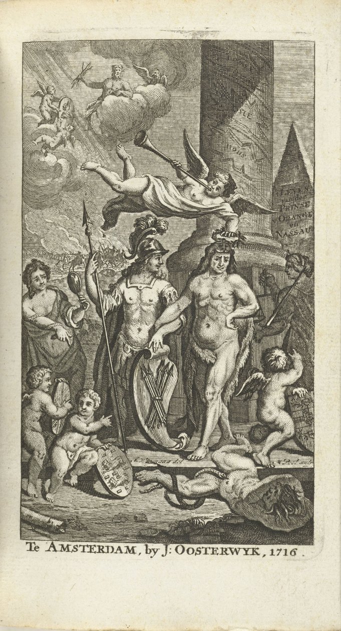 Rytý titulní list pro J. Lamigue: The life of Zyne Hoogheit Johan Willem Friso, 1716 od Matthijs Pool