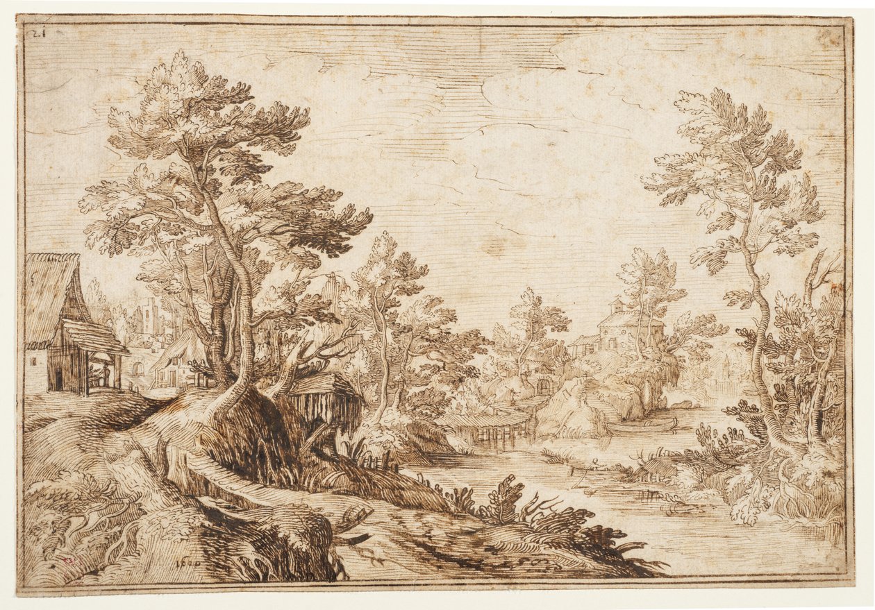 Krajina s řekou a vesnicí, asi 1501-1600 (černá křída, pero a hnědá tuš na křídovém papíře) od Matthijs the younger (after) Bril