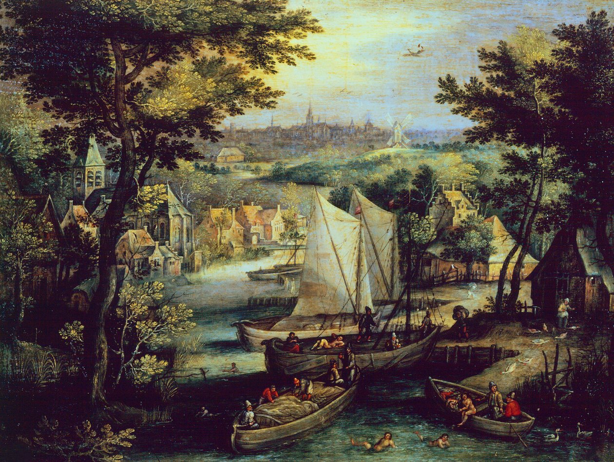 Říční krajina, Mathys Bril Younger (1550-1583), olej na mědi od Matthijs the younger Bril