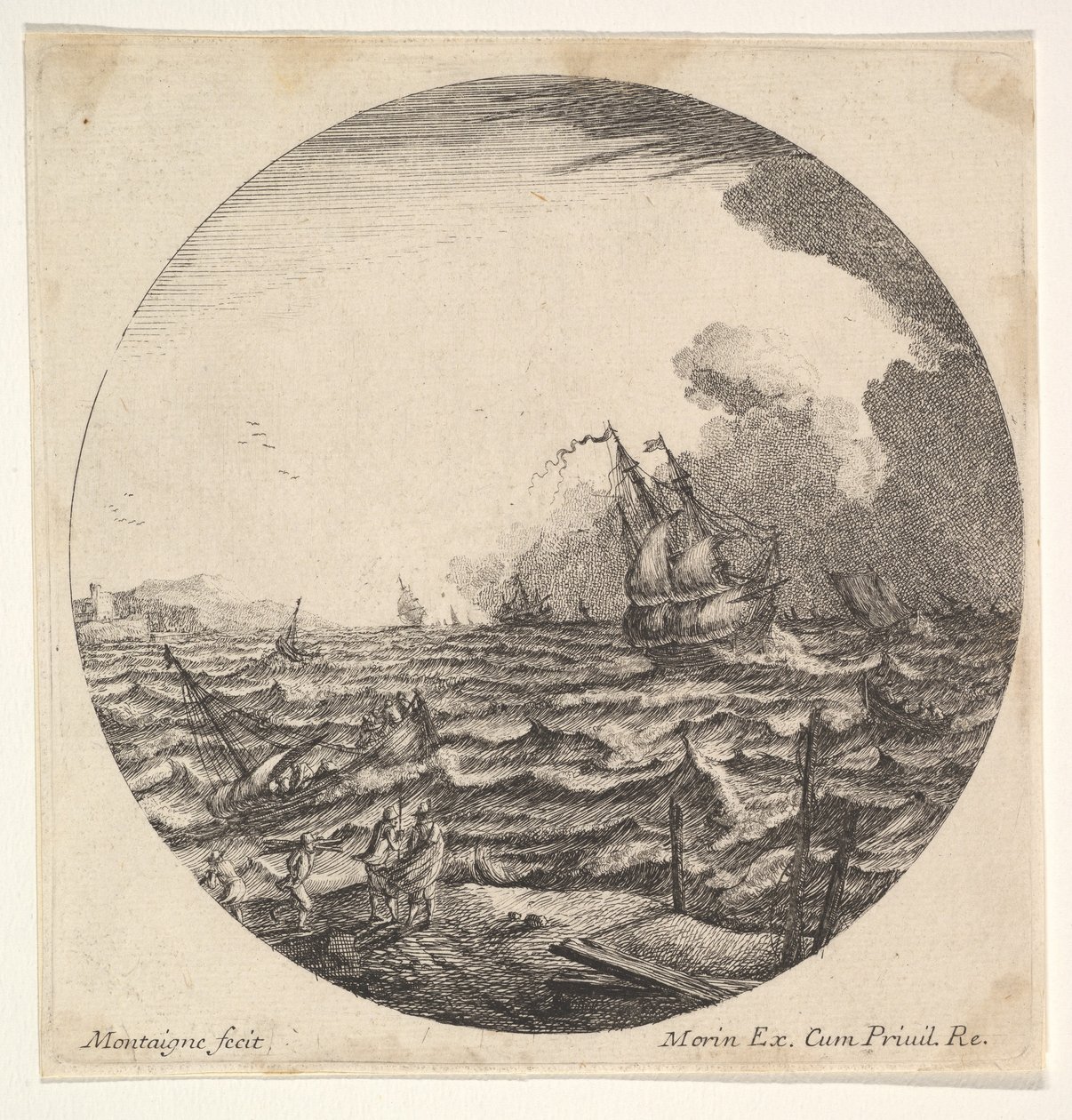 Bouře v kruhové kompozici, na levých vlnách přehazuje malou loď obsazenou sedmi..., ca. 1625-60. od Matthijs van Plattenberg