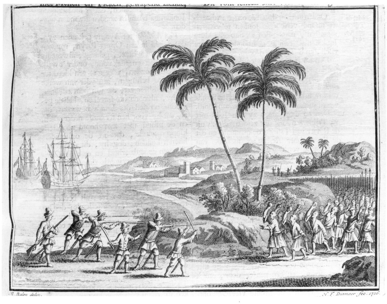 Holandská výsadková skupina přepadená ve Východní Indii, z „Oud en Nieuw Oost-Indien 1724-26“ od Valentijna, vyryto Diamaerem, 1726 od Matthys Balen