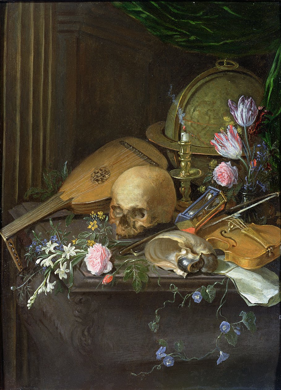 Zátiší Vanitas s Nautilem a loutnou od Matthys Naiveu