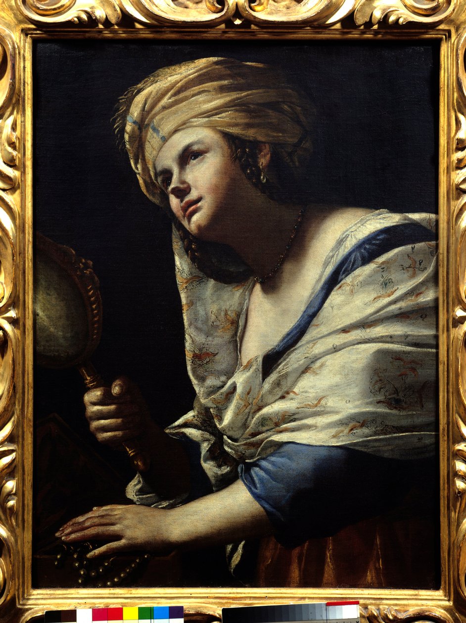 Vanite žena s turbanem a zrcadlem - obraz Mattia Pretiho (1613-1699) Florencie 17. století, galerie Uffizi od Mattia Preti