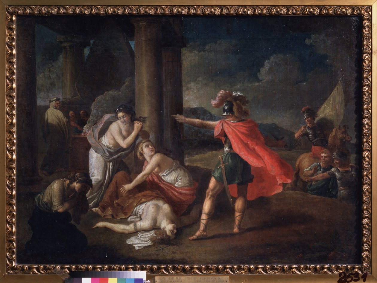 Smrt Camille, Horaceovy sestry. Obraz Matveje Ivanoviče Pučinova (1716-1797), olej na plátně od Matvei Ivanovich Puchinov
