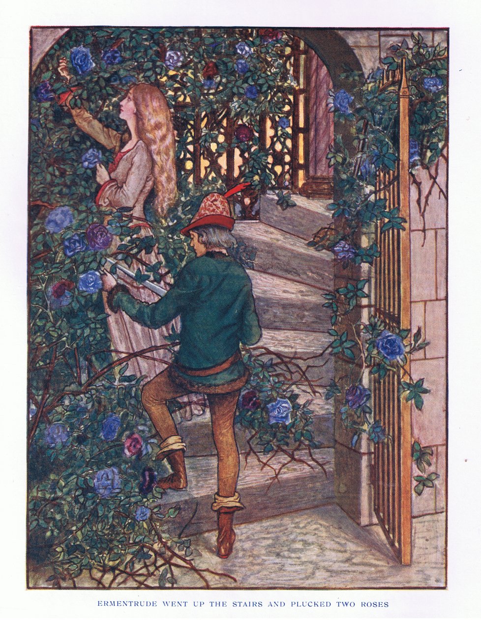 Ermentrude vyšel po schodech a utrhl růže, ilustrace z Lady And Fairy Tales, 1914 od Maud Tindal Atkinson