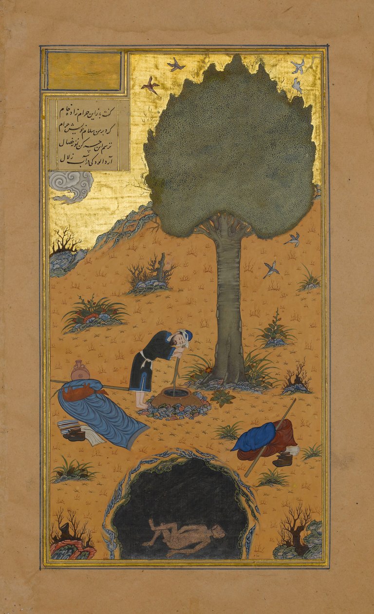 Jak byl ve studni utopen chlouba, Folio 33v z Haft Paikaru..., ca. 1430. od Maulana Azhar