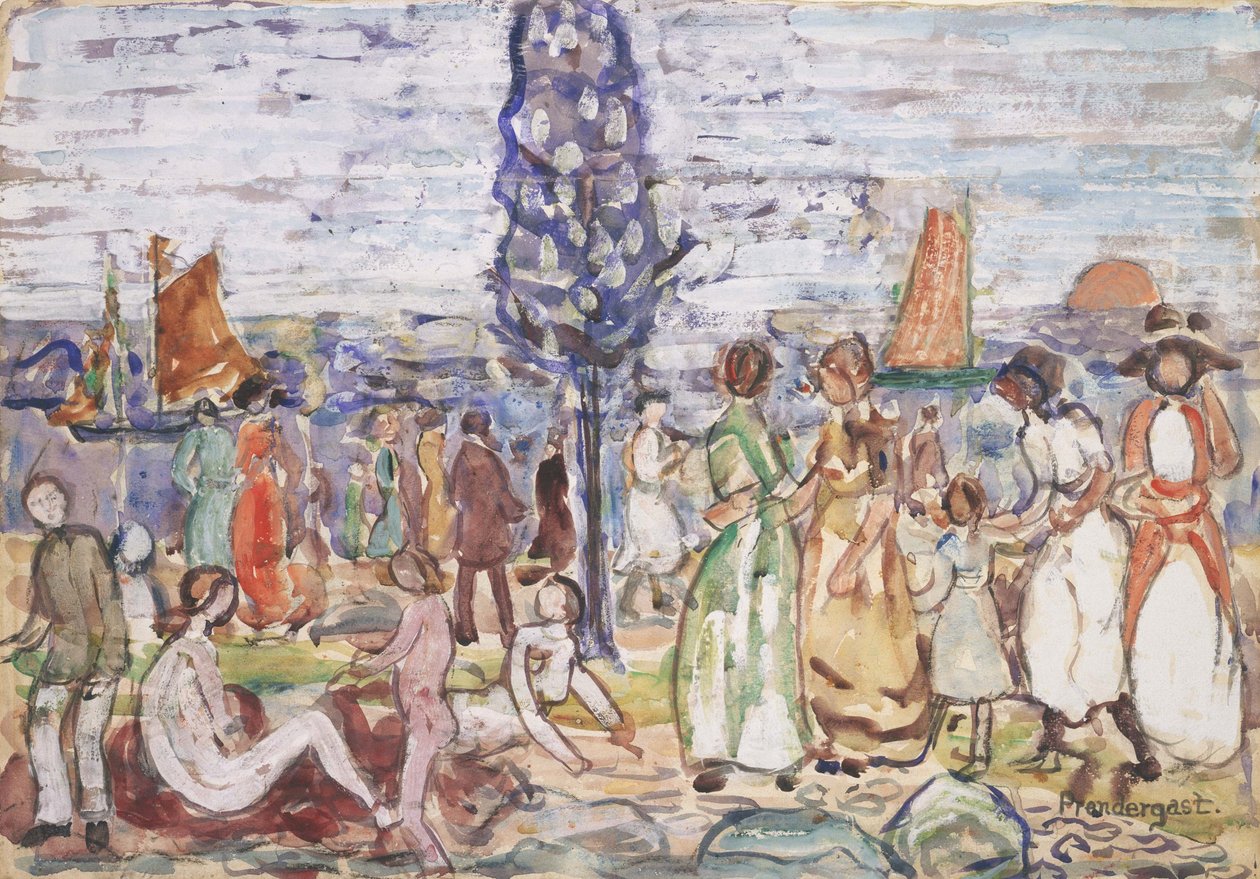 Pláž s modrým stromem od Maurice Brazil Prendergast