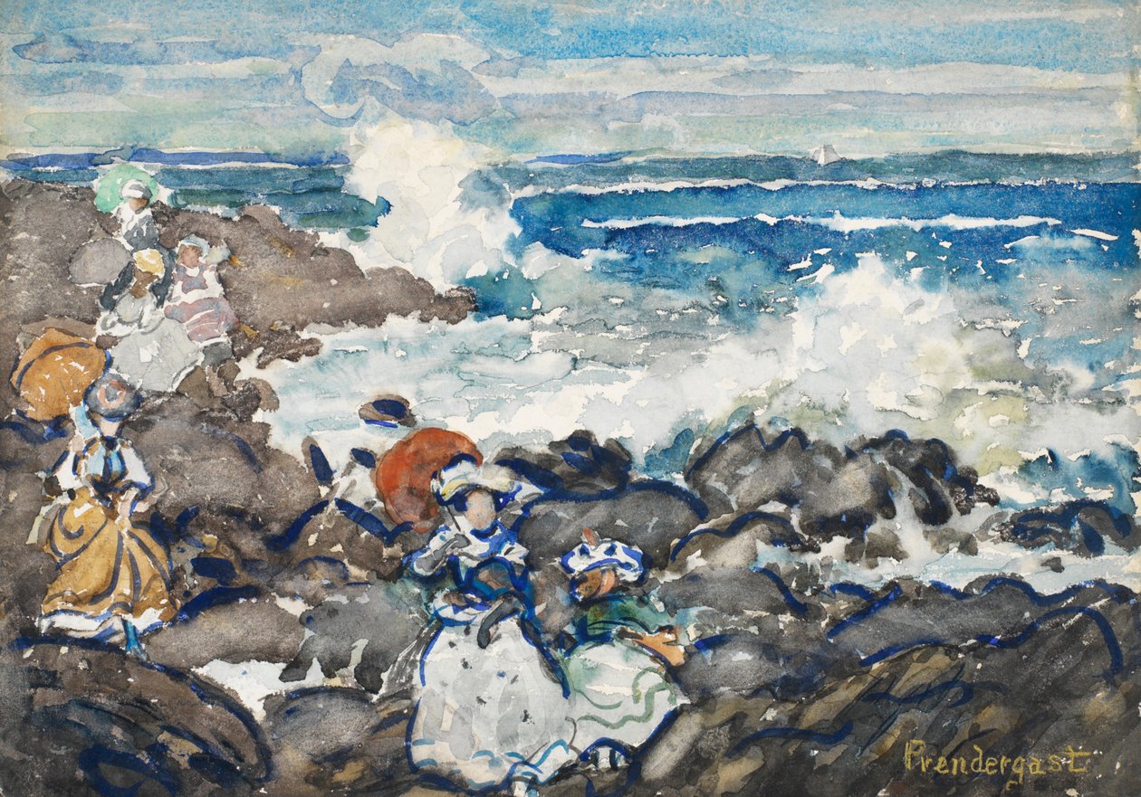 Skály a vlny a postavy (wc na papíře) od Maurice Brazil Prendergast