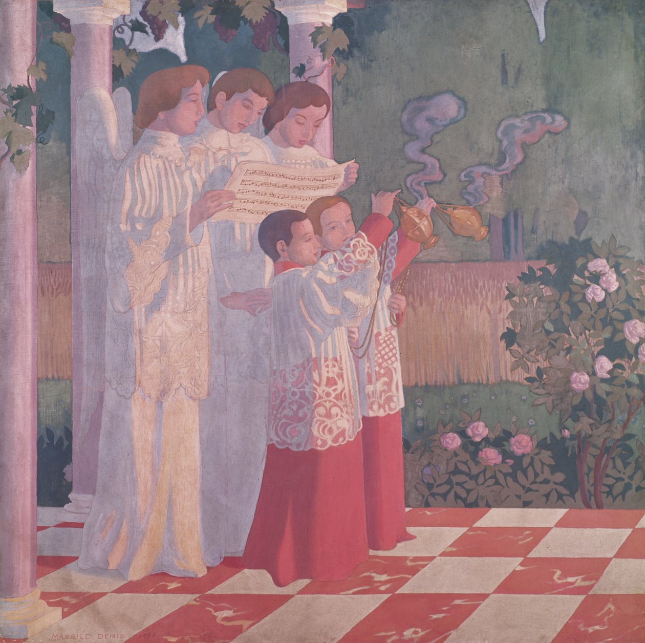 Povýšení svatého kříže a oslavení mše, levá strana centrálního panelu oltářního obrazu z Chapelle du College Sainte-Croix du Vesinet, 1899 od Maurice Denis