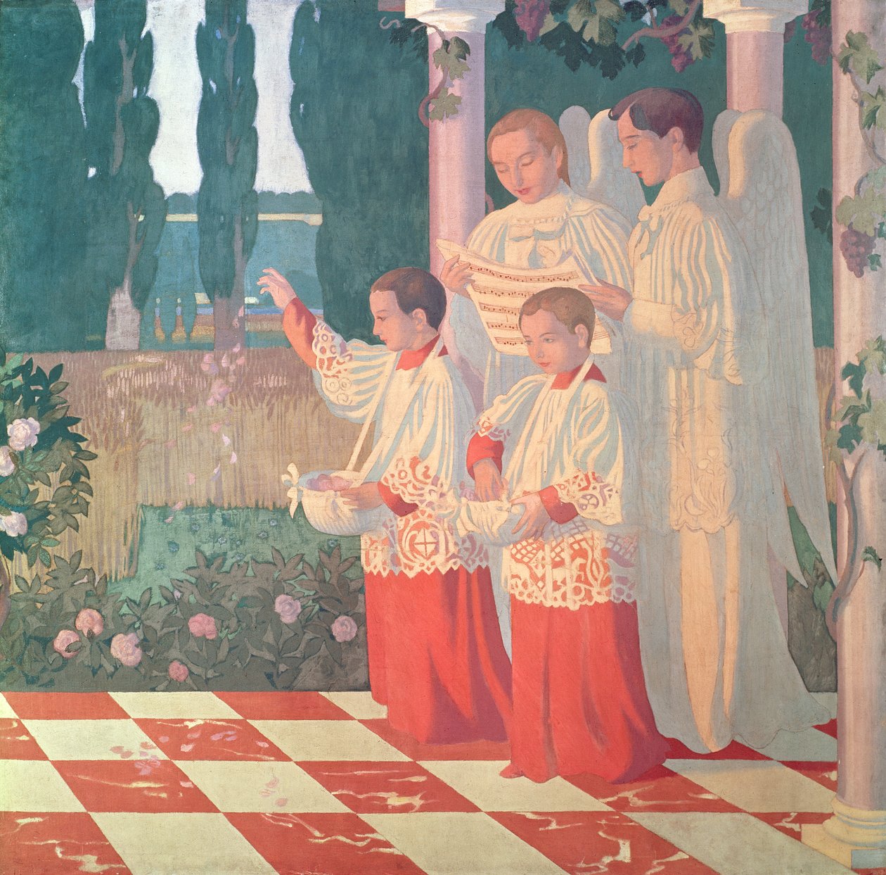 Povýšení svatého kříže a oslavení mše, pravá strana centrálního panelu oltářního obrazu z Chapelle du College Sainte-Croix du Vesinet, 1899 od Maurice Denis