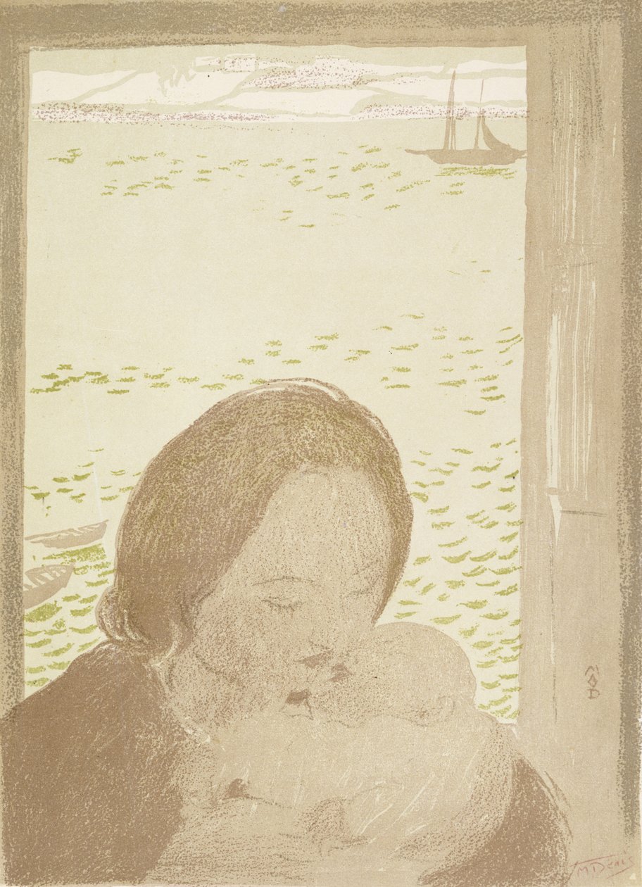 Matka a dítě u moře v Pouldu, 1900 (barevné lito na tkaném papíře) od Maurice Denis