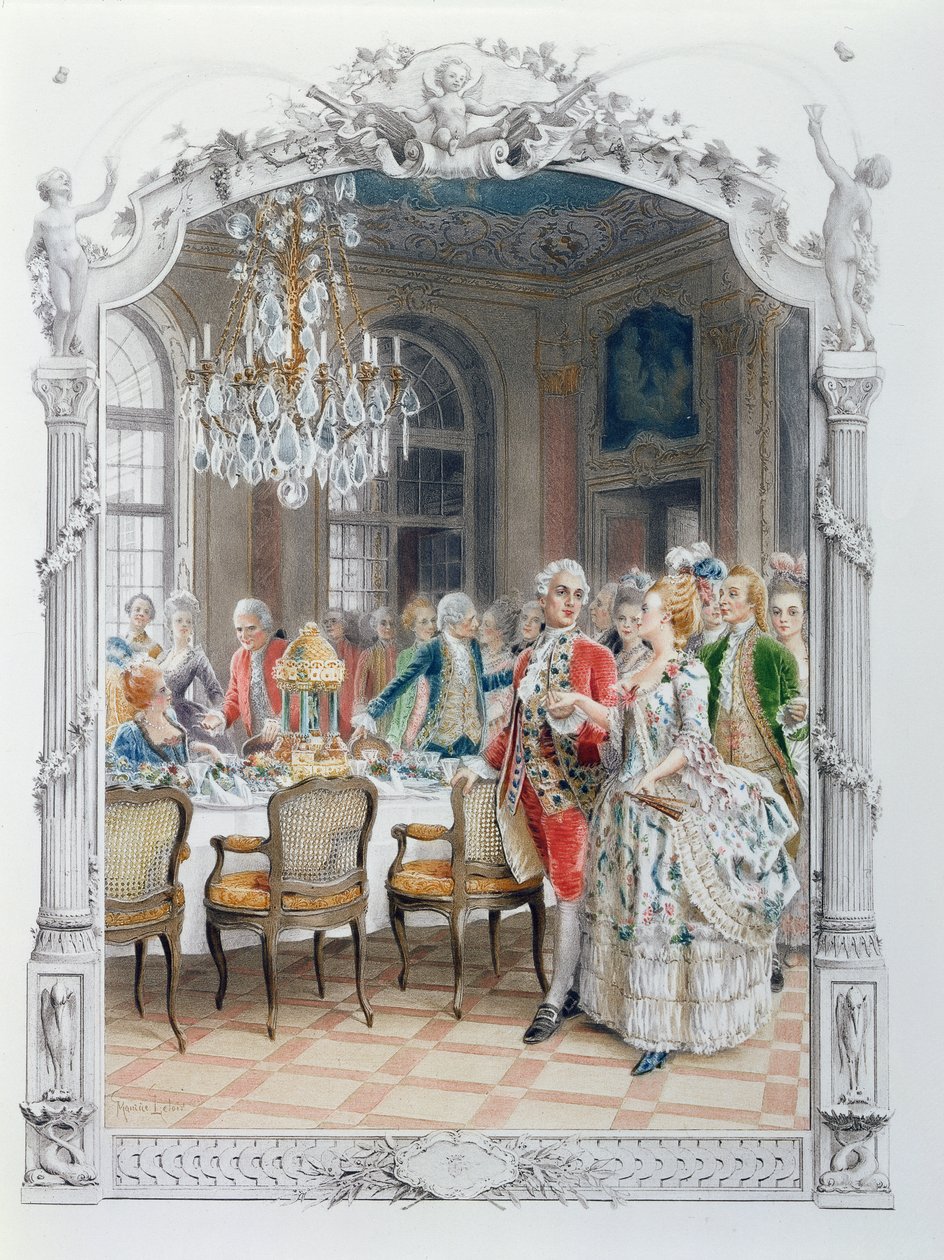 Elegantní jídlo v 18. století, ilustrace z „Une femme de qualite au siecle passe“, kolem roku 1885 od Maurice Leloir