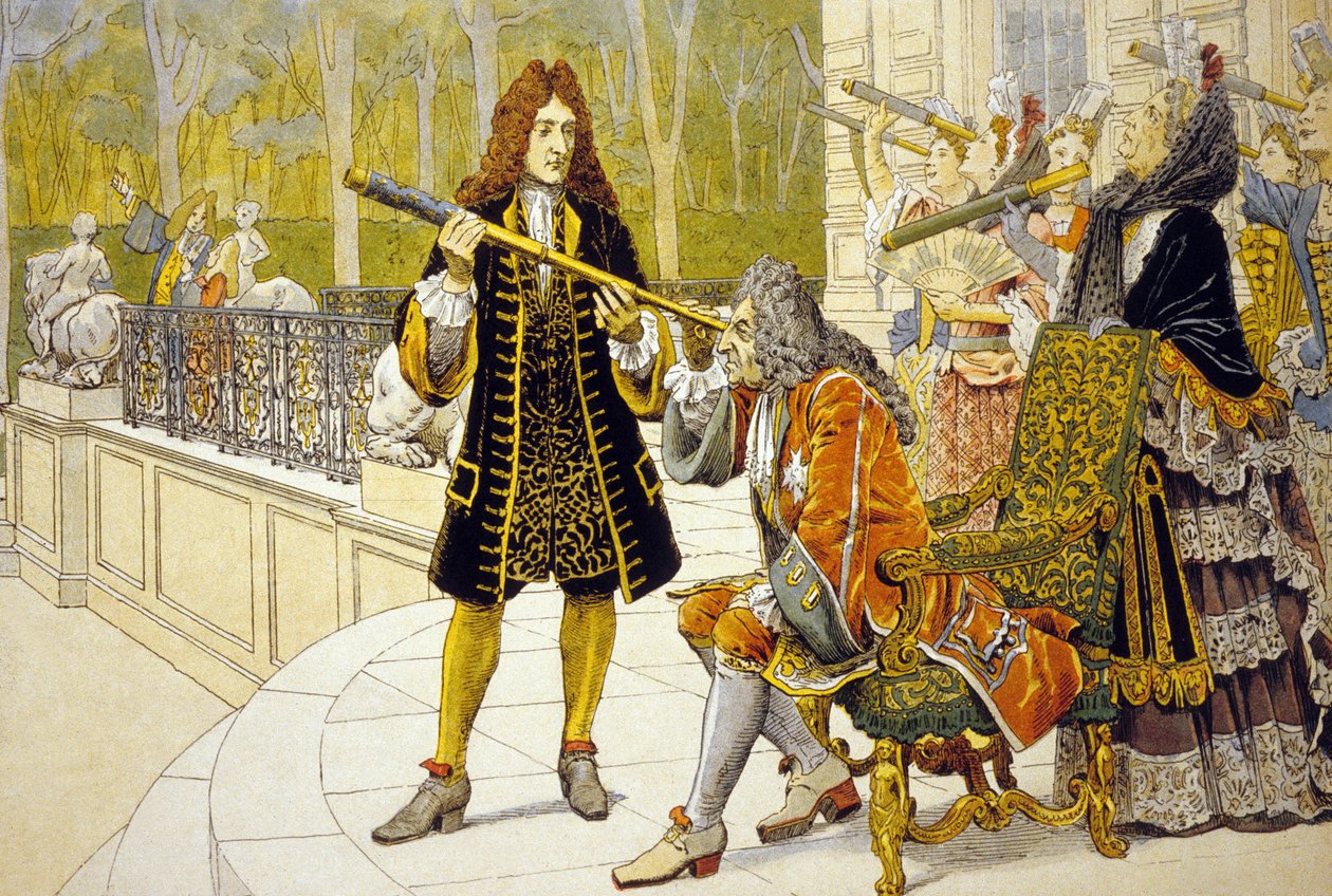 Ludvík XIV a Jacques Cassini barevně lito od Maurice Leloir