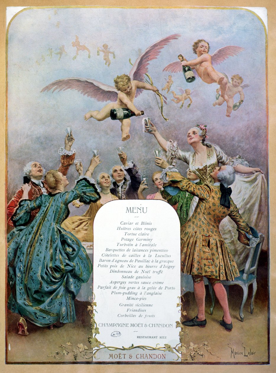 Menu restaurace Ritz, zobrazující skupinu elegantních mužů a žen z 18. století pijících šampaňské podávané cherubíny, 1910 od Maurice Leloir