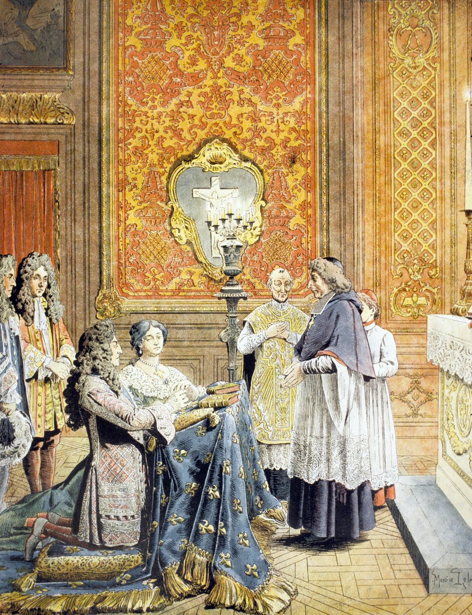Tajná svatba mezi králem Ludvíkem XIV. a Francoise dAubigne, paní de Maintenon, 9.-10. října 1683, pařížským arcibiskupem Francois Harlay de Champvallon a Pere Lachaise, za přítomnosti Monseigneura od Maurice Leloir