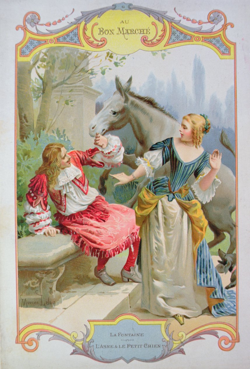 Osel a malý pes, z Bajek Jean de La Fontaine (1621-95), reklama na obchodní dům Au Bon Marche od Maurice Leloir
