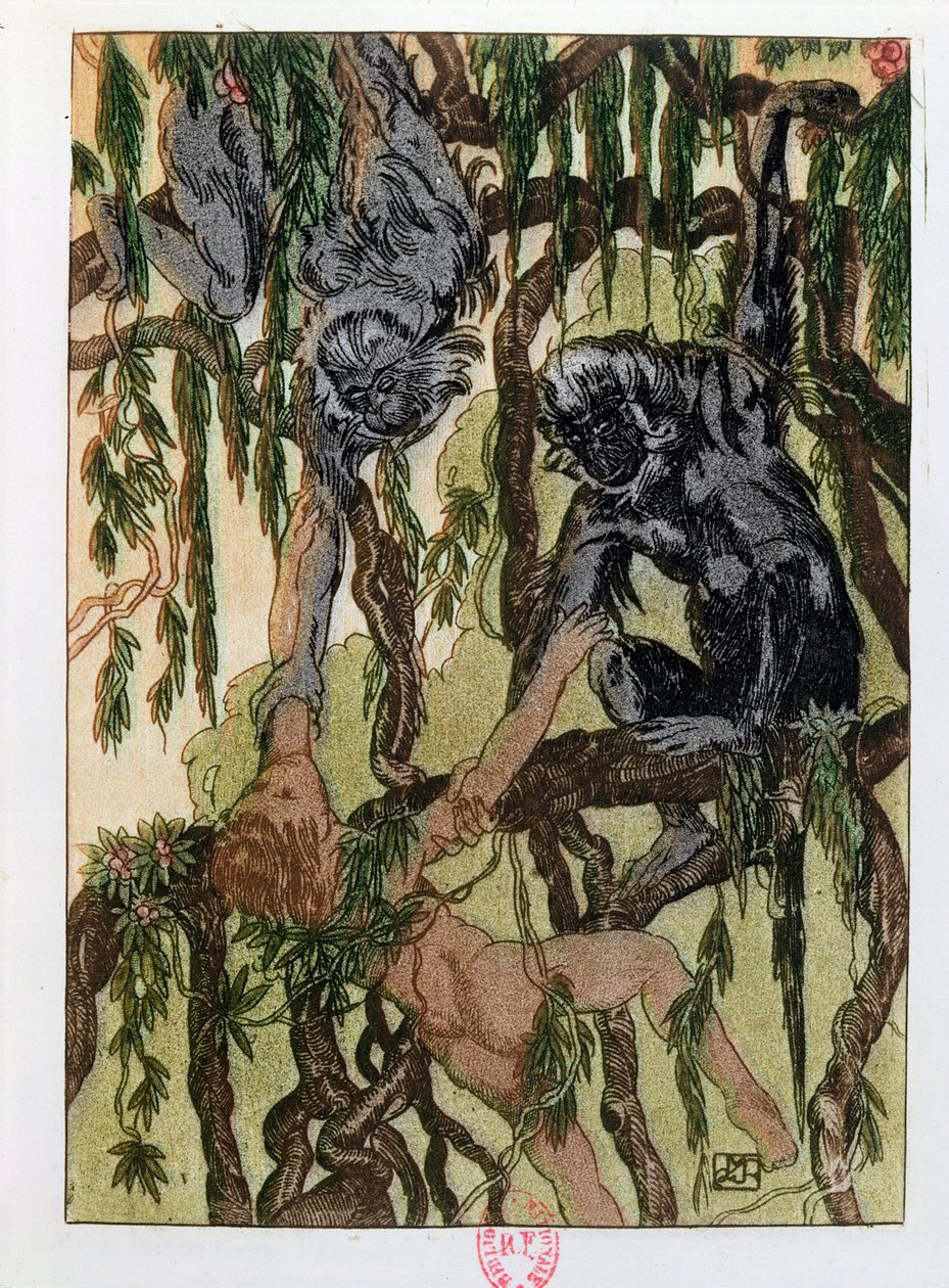 Mauglí a opice, ilustrace z „Knihy džunglí“ od Rudyarda Kiplinga (1865-1936) vydané v Paříži, 1930 od Maurice de Becque