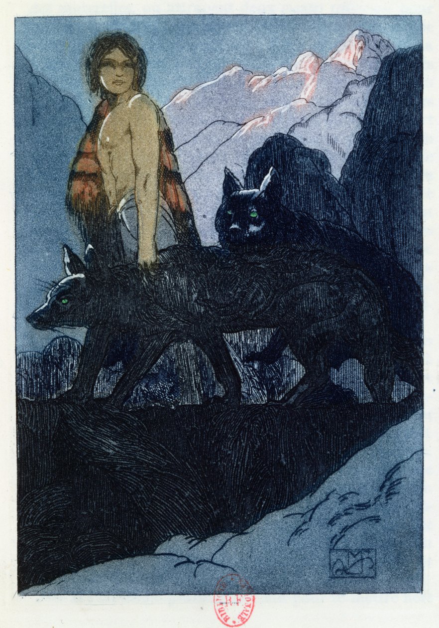 Mauglí a vlci, ilustrace z „Knihy džunglí“ od Rudyarda Kiplinga (1865-1936) vydané v Paříži, 1930 od Maurice de Becque