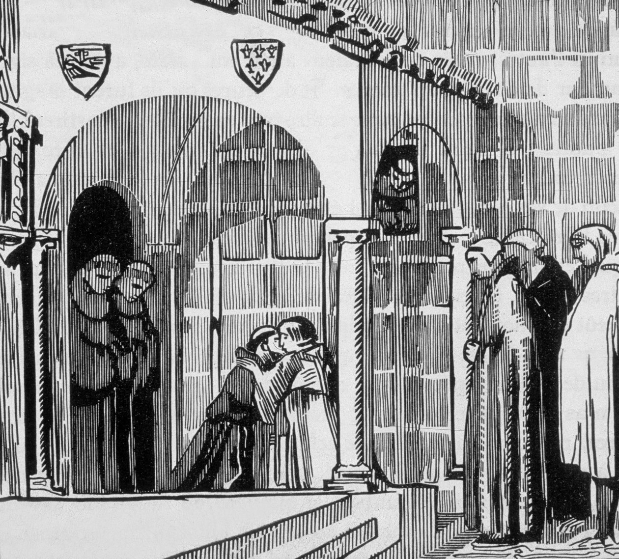 Francouzský král Saint Louis (Louis IX 1214-1270) jako Pilgrim navštěvující Saint Frere Gilles v Perugii, vyrytý Jacquesem Beltrandem po kresbě Maurice Denis od Maurice (after) Denis