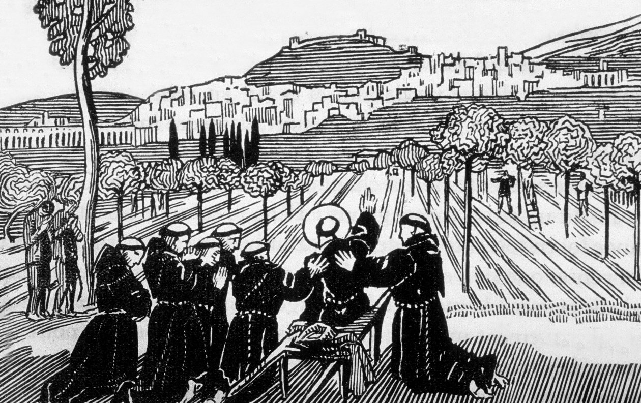 smrt svatého Františka z Assisi požehnání městu Assisi, vyryl Jacques Beltrand podle kresby Maurice Denise od Maurice (after) Denis