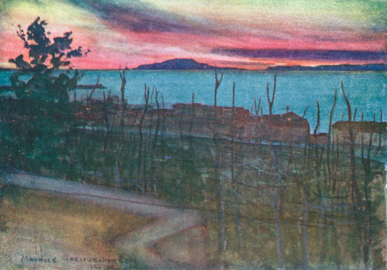Ischia z Castellamare, západ slunce (barevná litografie) od Maurice (after) Greiffenhagen